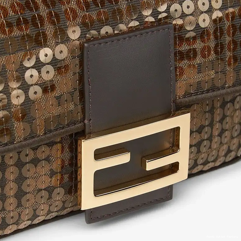 Vintage HOT In Motif FF Mini Bag Fabric Sequins Fendi with Baguette Brown 0513